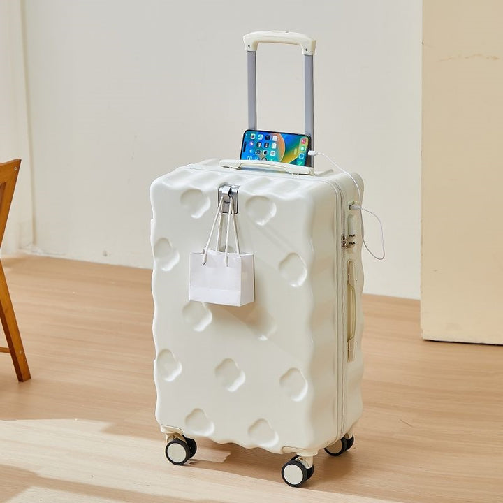 hard-shell carry-on suitcase with integrated foldable cup holder phone cradle USB charging port and external bag hooks Bowlift