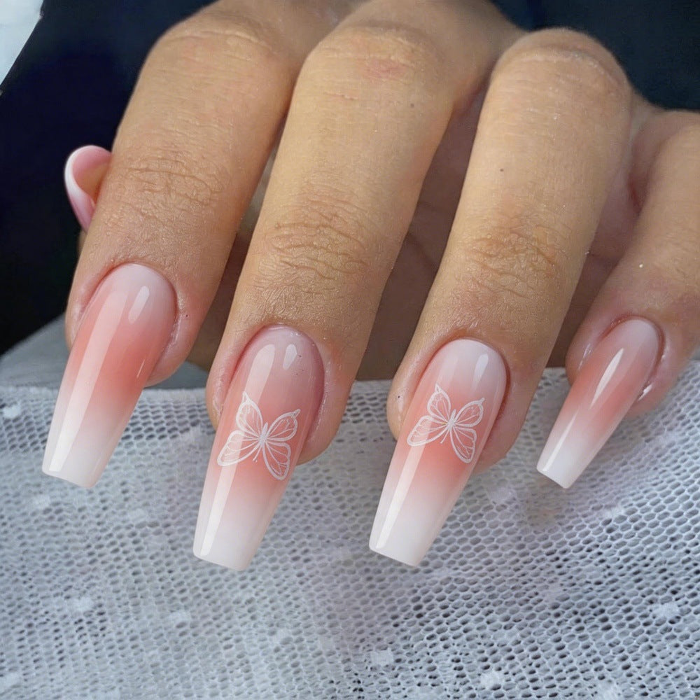 Trendy Artificial Nails with Ombre Effect and Butterfly Designs Bowlift