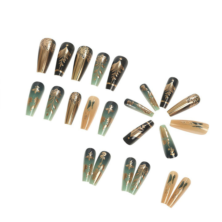 Artificial nails with floral gold embellishments Bowlift