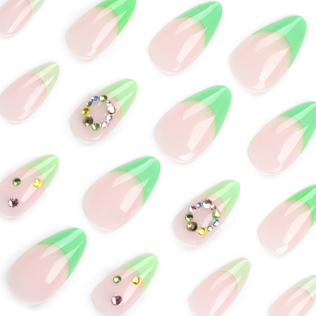 Artificial nail art with spring-like design and sparkling accents Bowlift