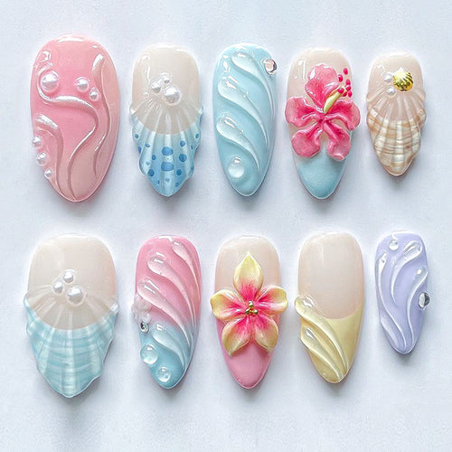 Artificial Nail Set with Eye-Catching Shell and Flower Designs Bowlift