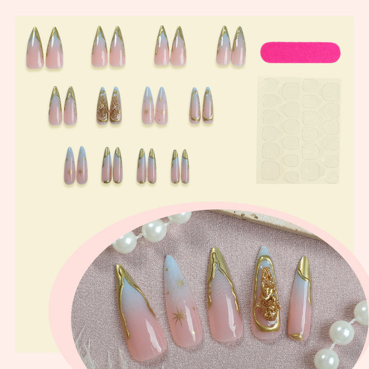 Elegant Press-On Nail Art Set with Gold Accents Bowlift