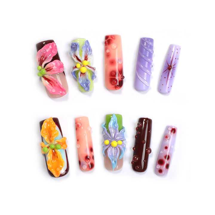 Creative artificial nail set with elegant floral design and glitter accents Bowlift
