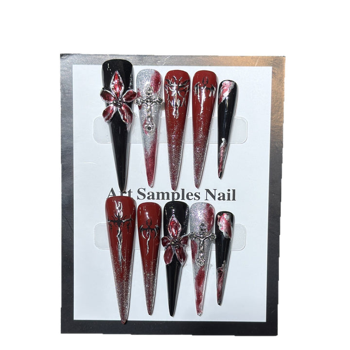Artistic Stiletto Press-On Nail Set with Unique Gothic Design Elements Bowlift