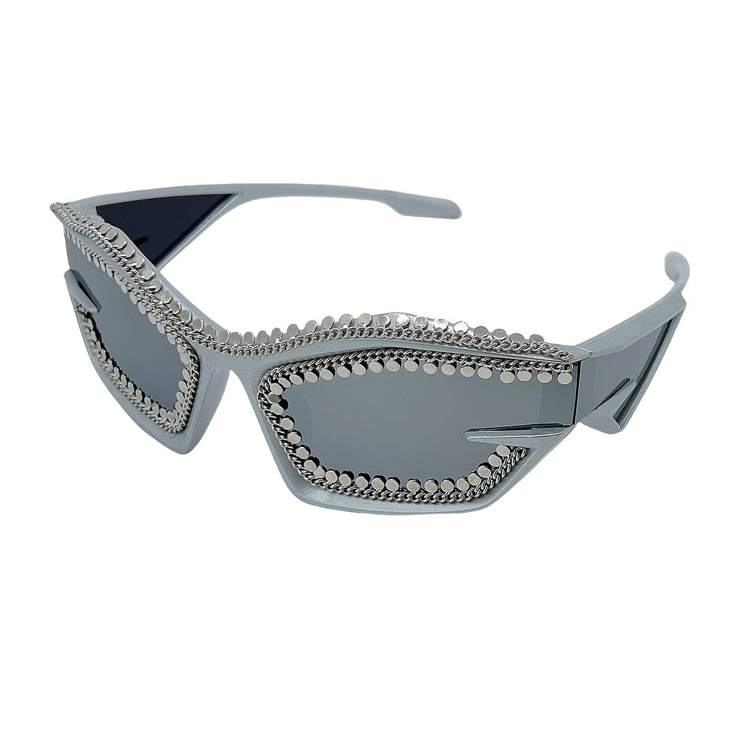 Ladies designer sunglasses in a futuristic look with sparkling rhinestone embellishment Bowlift