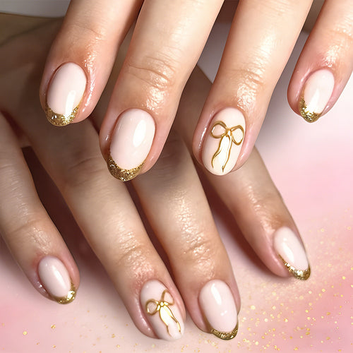 Elegant Gold-Trimmed Press-On Nail Art Bowlift