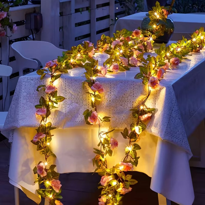 Artificial Rose Vine LED Fairy String Lights Waterproof Copper Wire Bowlift