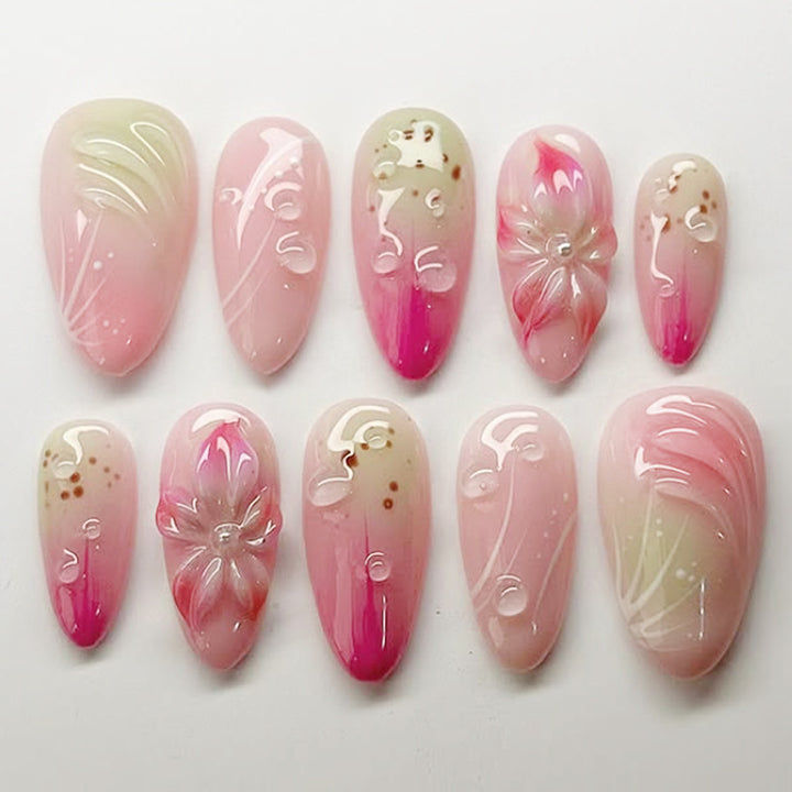 Artistic Press-On Nail Set with Floral Designs Bowlift