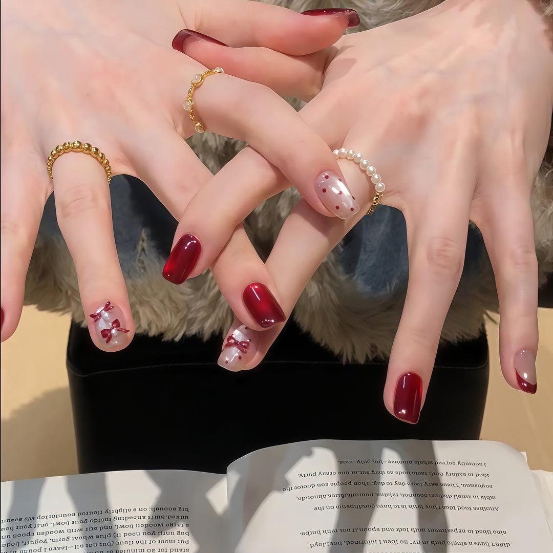 Elegant Artificial Nail Set with Decorative Bow Accents Bowlift