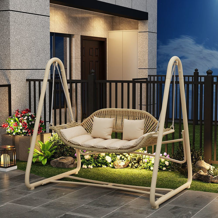 Woven rattan outdoor swing loveseat with padded cushions and powder-coated steel frame Bowlift