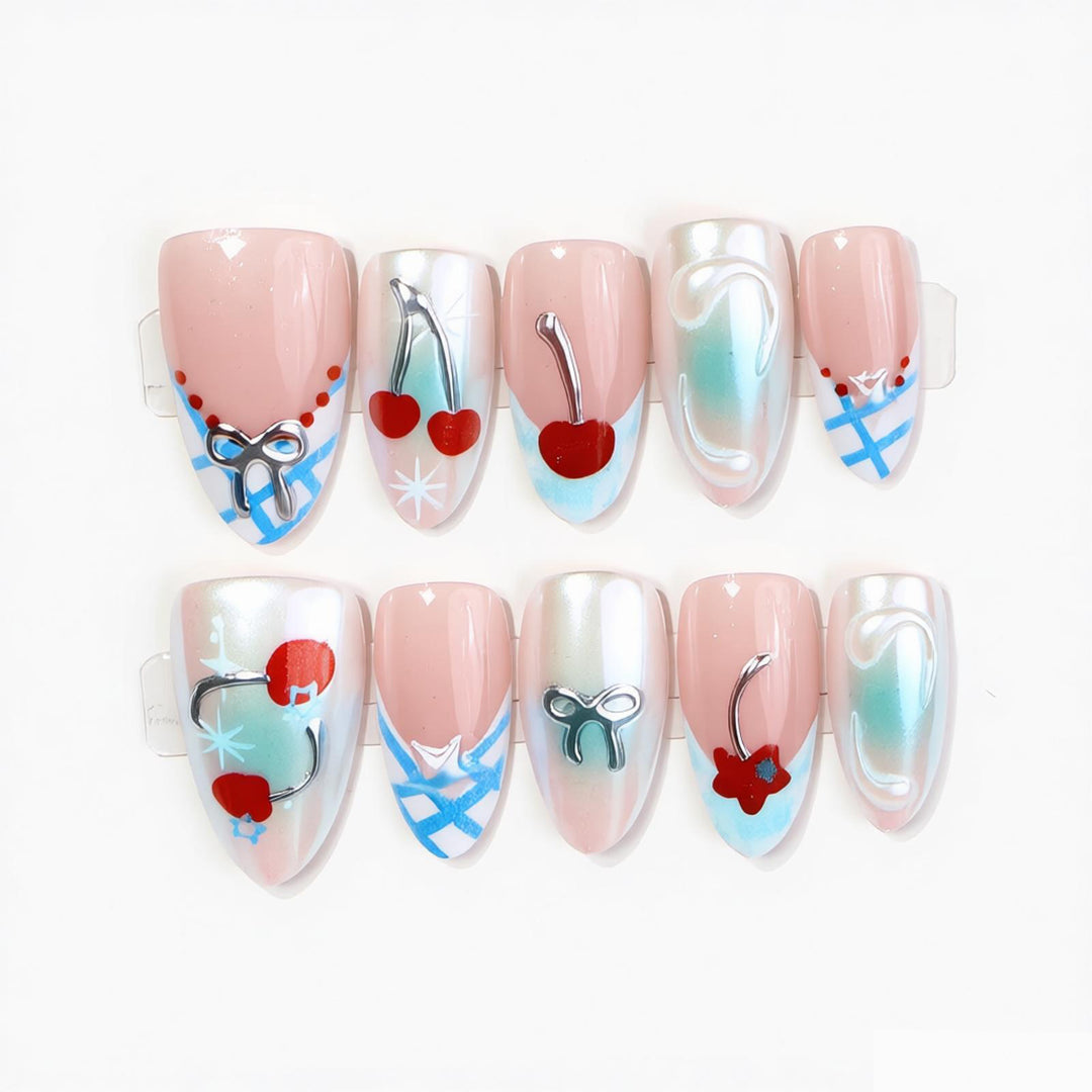 Decorative Press-On Nail Art Set with Charming Cherries and Delicate Accents Bowlift