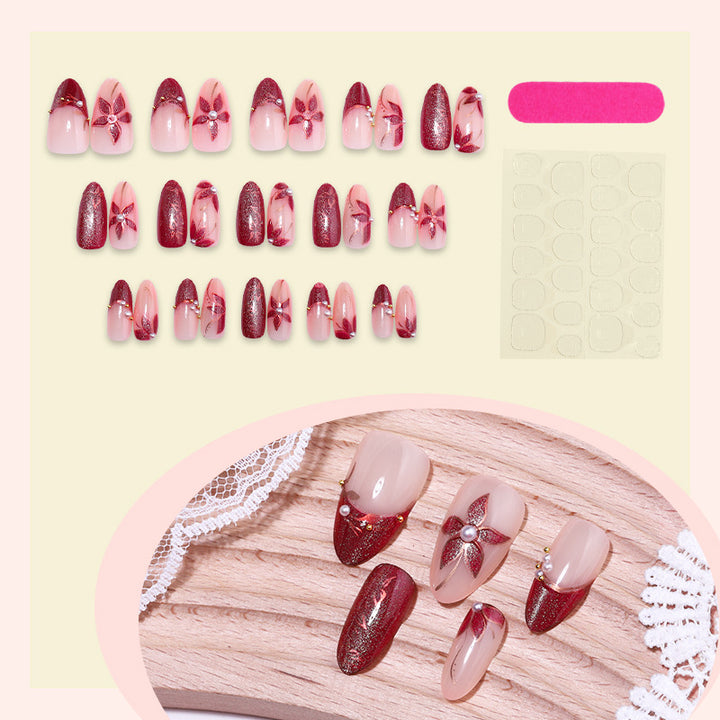 Elegant Press-On Nail Set with Floral and Gem Accents Bowlift