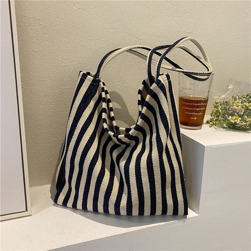 Striped Canvas Shoulder Tote Bag