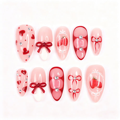 Decorative Strawberry-Themed Press-On Nail Tips Bowlift