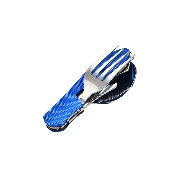 folding stainless steel camping cutlery set with textured grip locking hinge and compact travel clip Bowlift