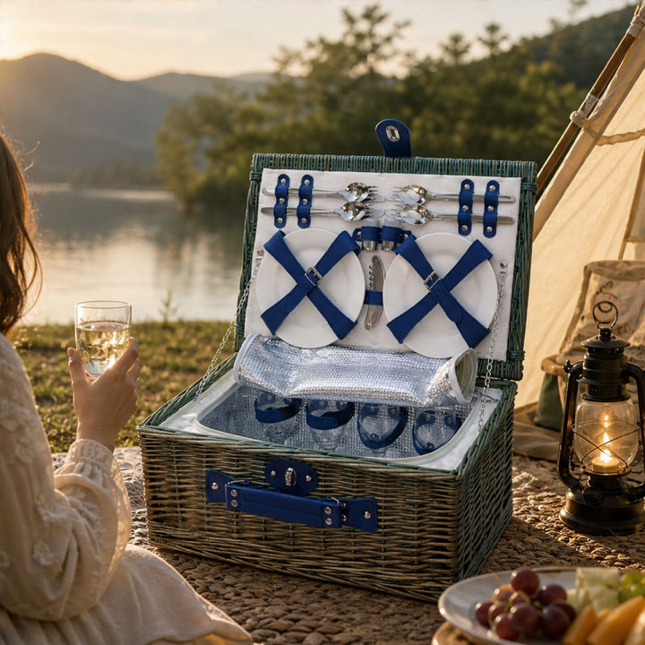 Ladies Luxury Picnic Basket with Offset Dish Compartment and Floral Lining Bowlift