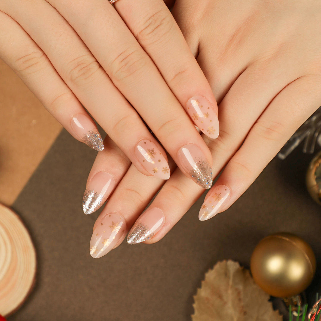 Elegant artificial nails with glitter and snowflake decor Bowlift