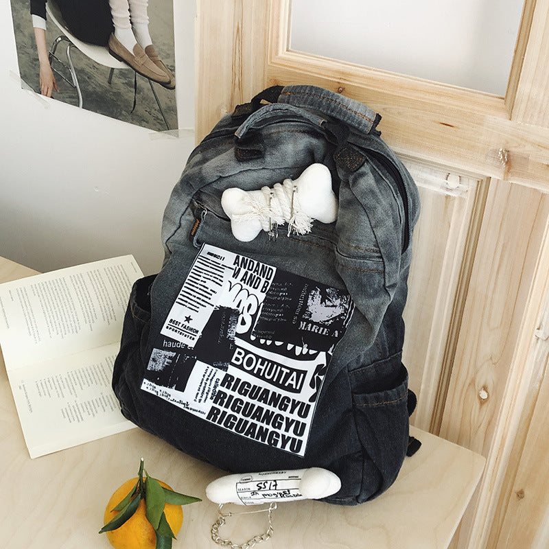 Creative Graphic Print Denim School Backpack Bowlift