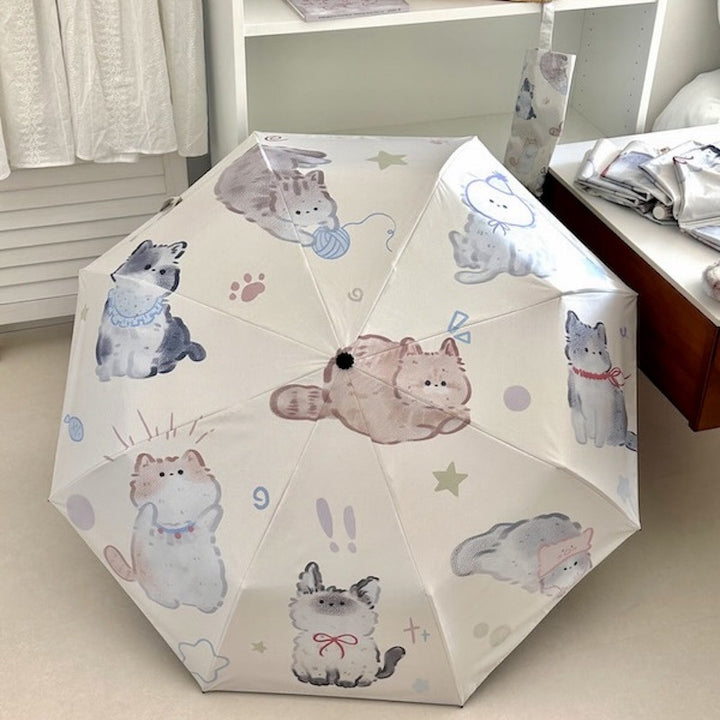 Women's Foldable Umbrella with Charming Cat Pattern Bowlift