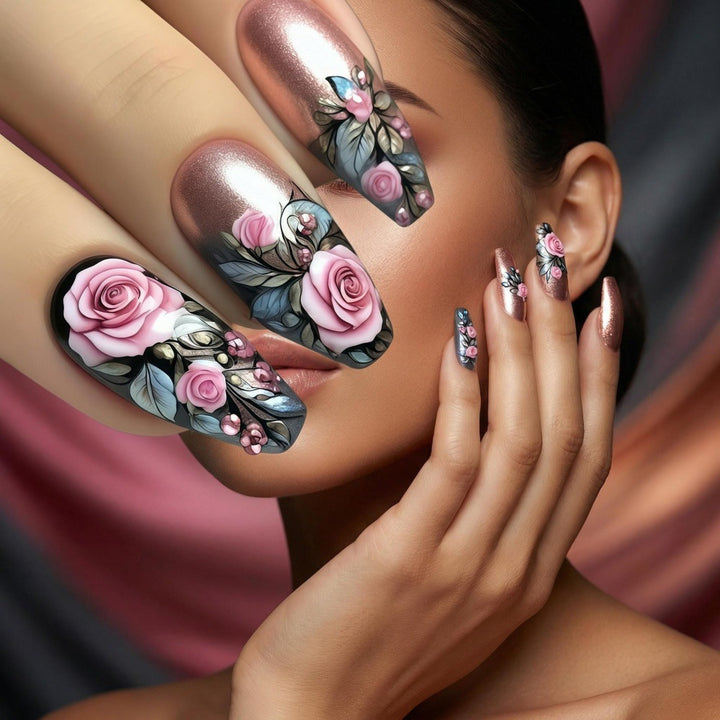 Artificial nails with floral rose pattern Bowlift