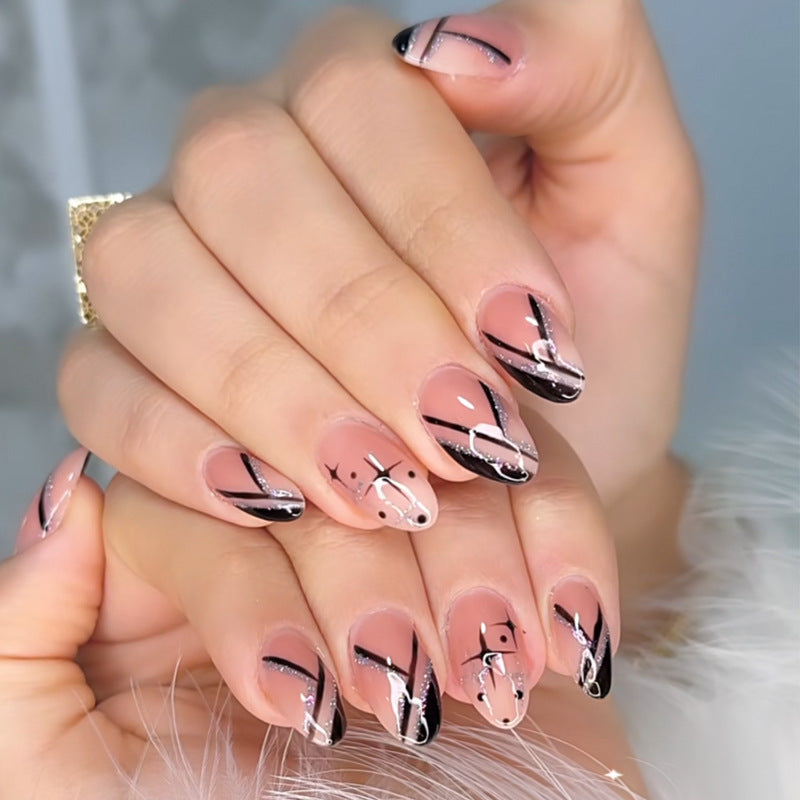 Artistic Press-On Nail Set with Geometric Design Bowlift