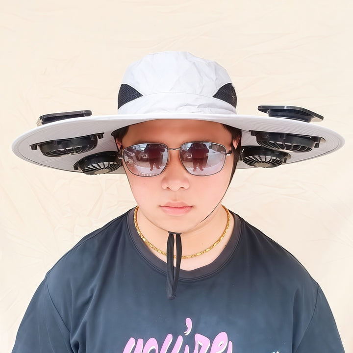 Wide-brimmed sun hat with detachable swivel solar fans and adjustable chin strap Bowlift