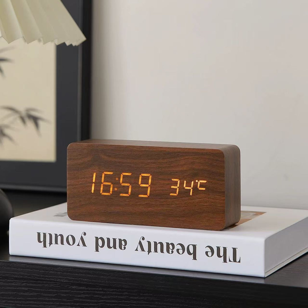 LED Wooden Digital Alarm Clock with Temperature Display Bowlift
