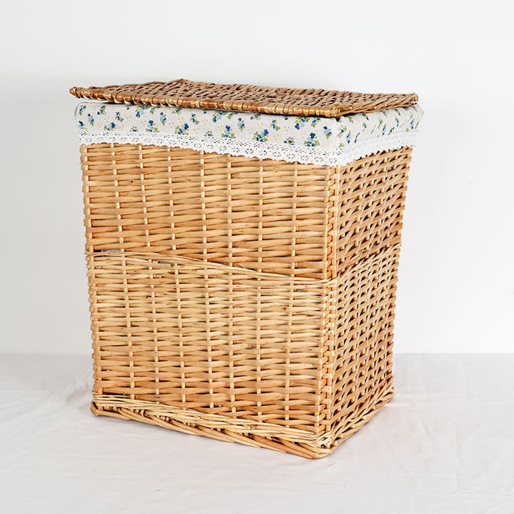 Women's laundry basket with decorative fabric cover and practical lid Bowlift
