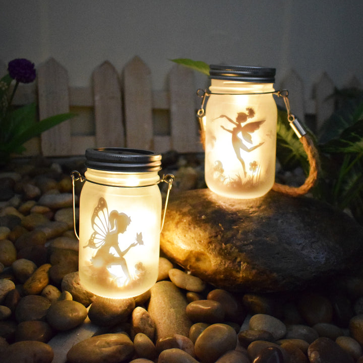 Hanging Frosted Mason Jar Fairy Lanterns with Battery LED Lights and Rope Bowlift
