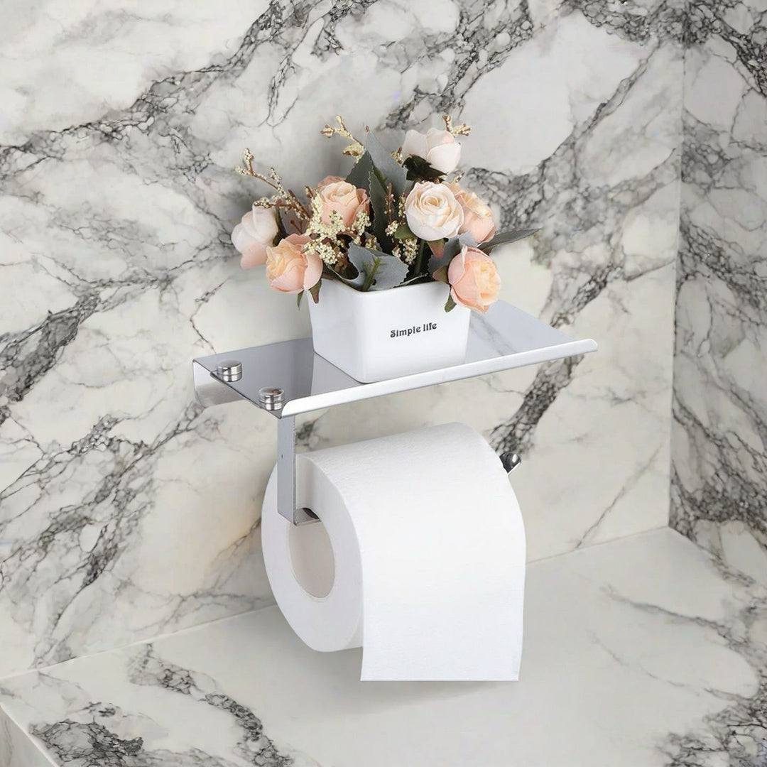 Wall-Mounted Toilet Paper Holder With Integrated Shelf And Phone Shelf