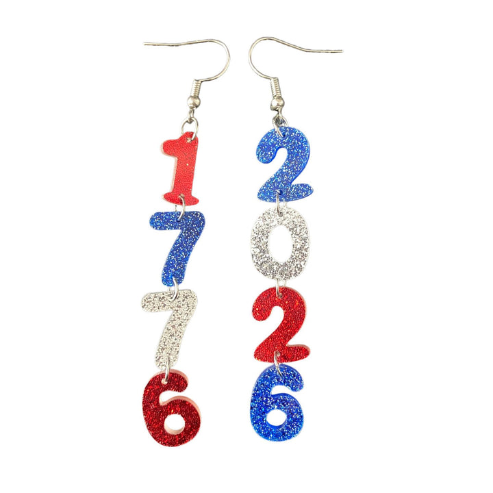 Women’s long earrings with four-digit anniversary number pendants in a patriotic style Bowlift