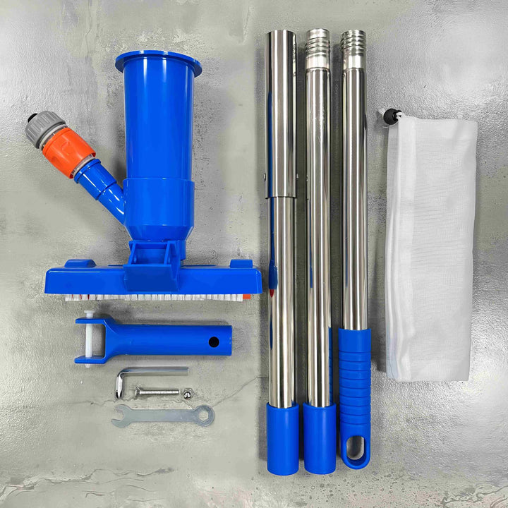 Telescopic stainless steel pool vacuum kit with brush head and fine mesh leaf bag Bowlift