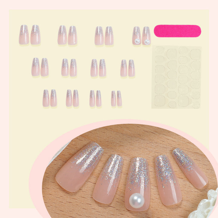 Elegant Press-On Nail Set with Glitter and Pearl Accents Bowlift