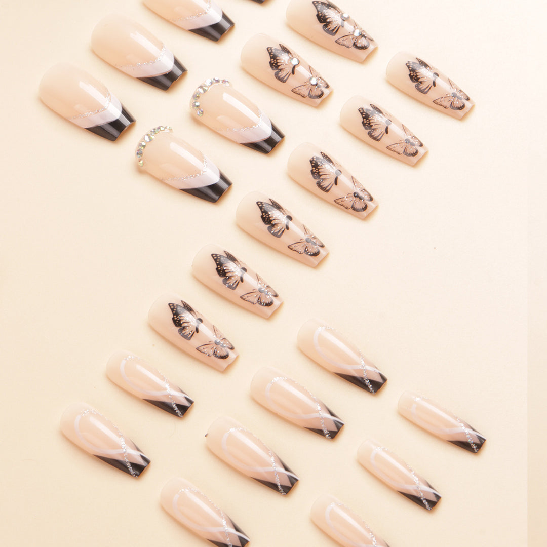 Artistic Long-Stiletto Press-On Nail Art with Butterfly Design Bowlift