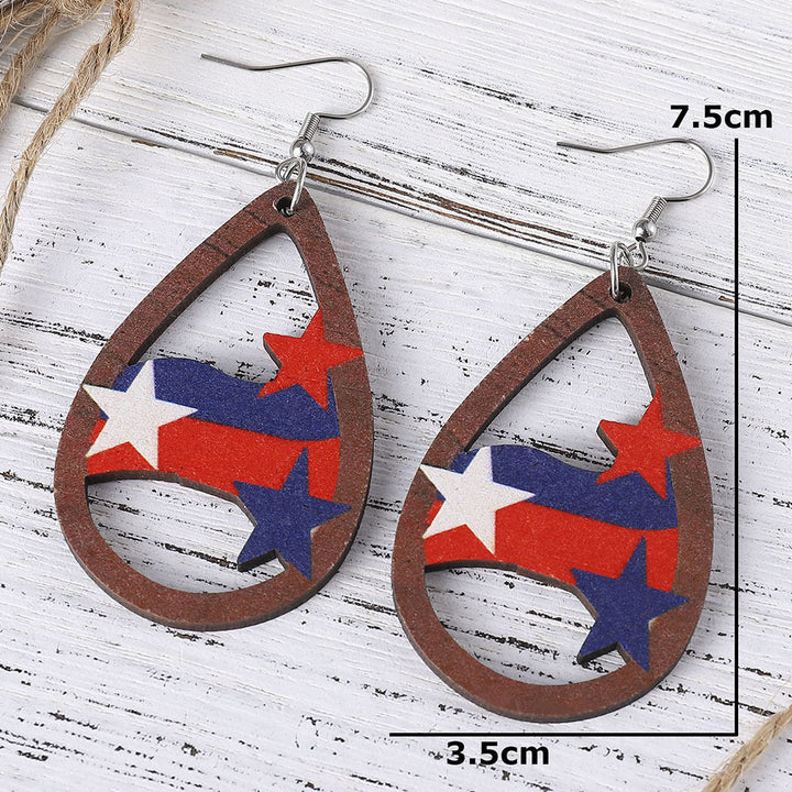 Women's nan patriotic teardrop wooden dangle earrings with star stripe cutout Bowlift
