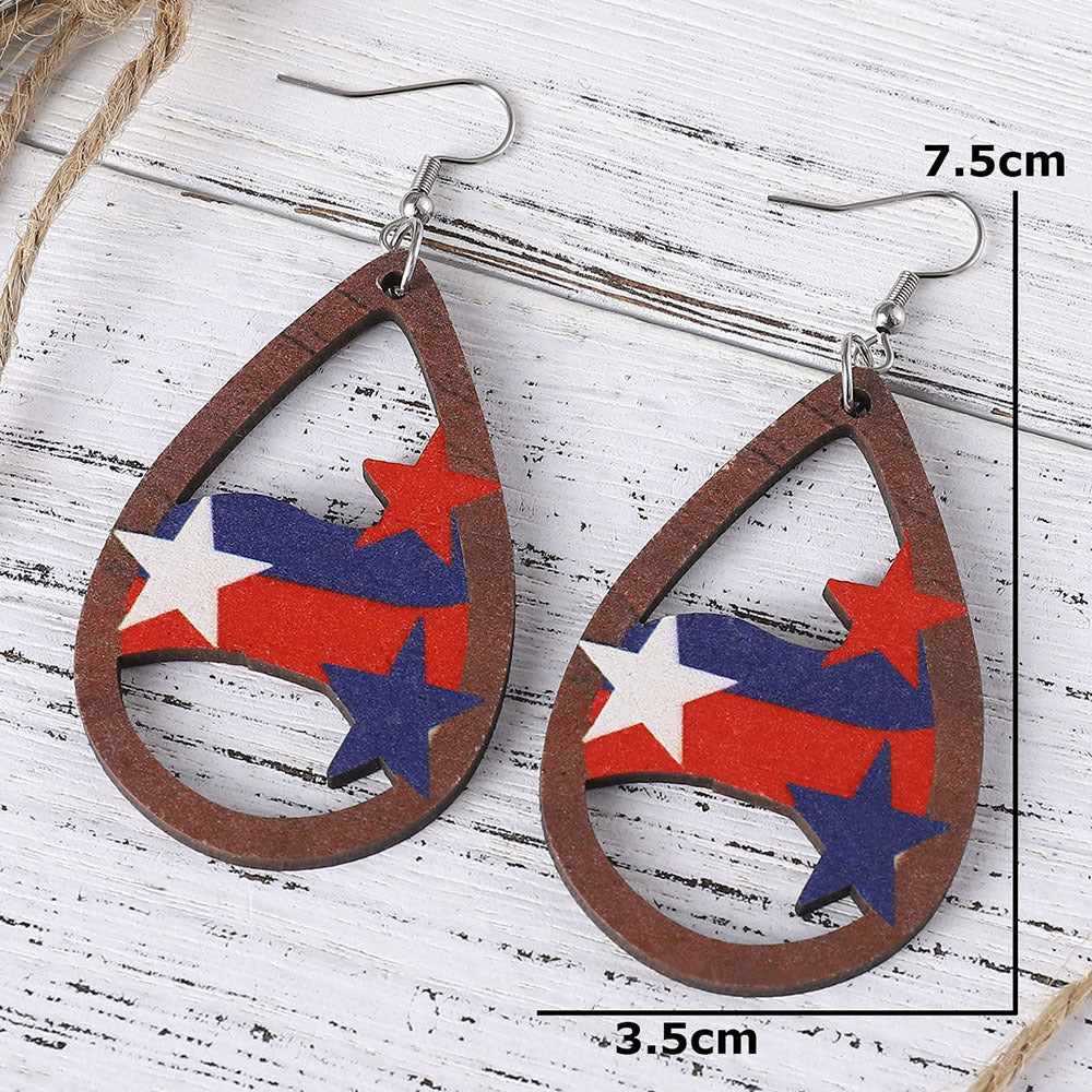 Ladies' nan teardrop-shaped wooden earrings with multi-layer star and stripe appliqué and nickel-free ear hooks Bowlift