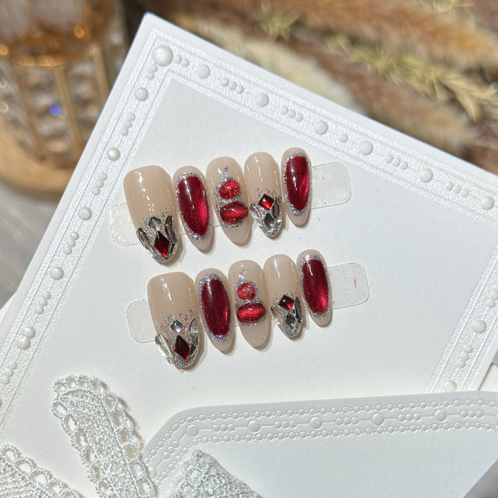 Premium Decorative Press-On Nail Set with Gemstone Accents Bowlift