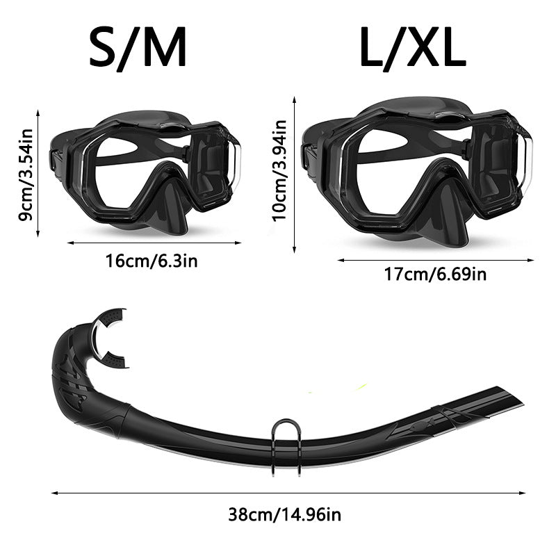 Diving equipment set with ergonomic diving mask and flexible snorkel Bowlift