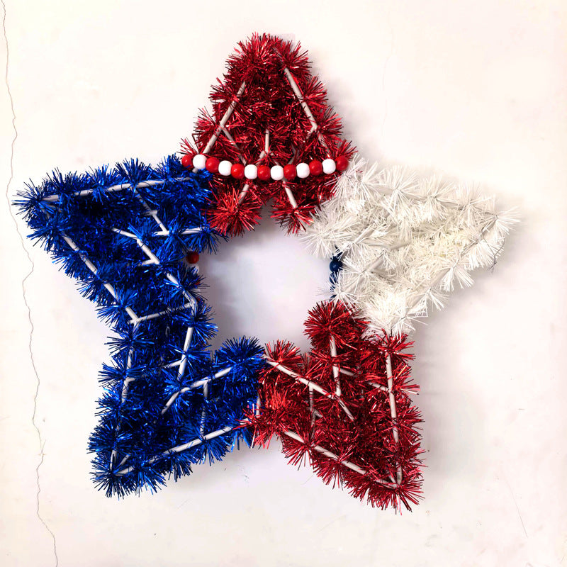 Unisex nan patriotic star door wreath made of artificial tinsel with wooden bead tassel and hanging pendant Bowlift