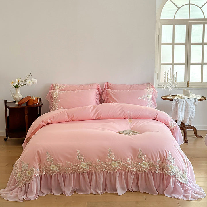 Decorative Ruffled Lace Embroidered Duvet Cover Set