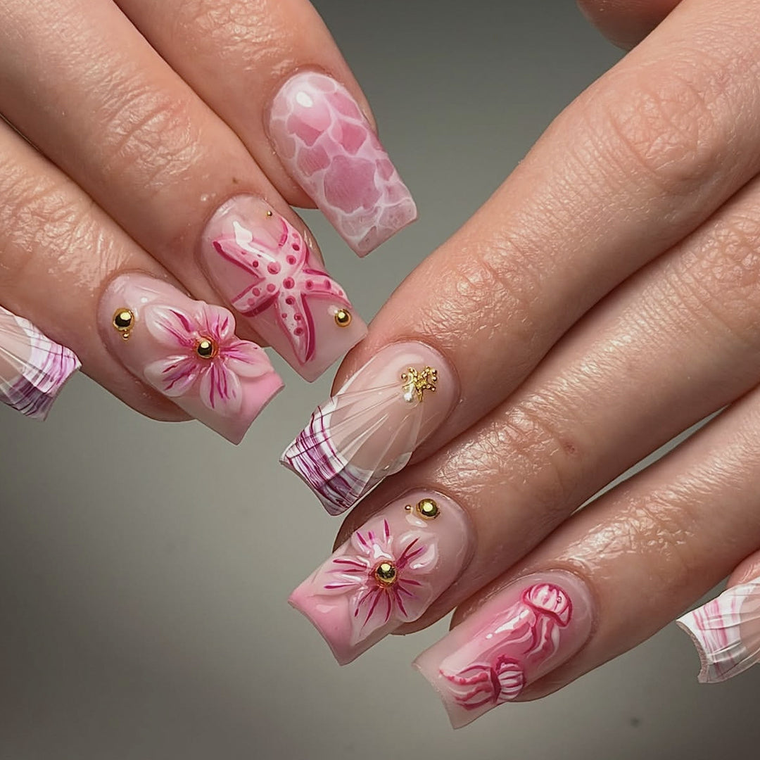 Artistic Floral Acrylic Nail Art Extensions Bowlift