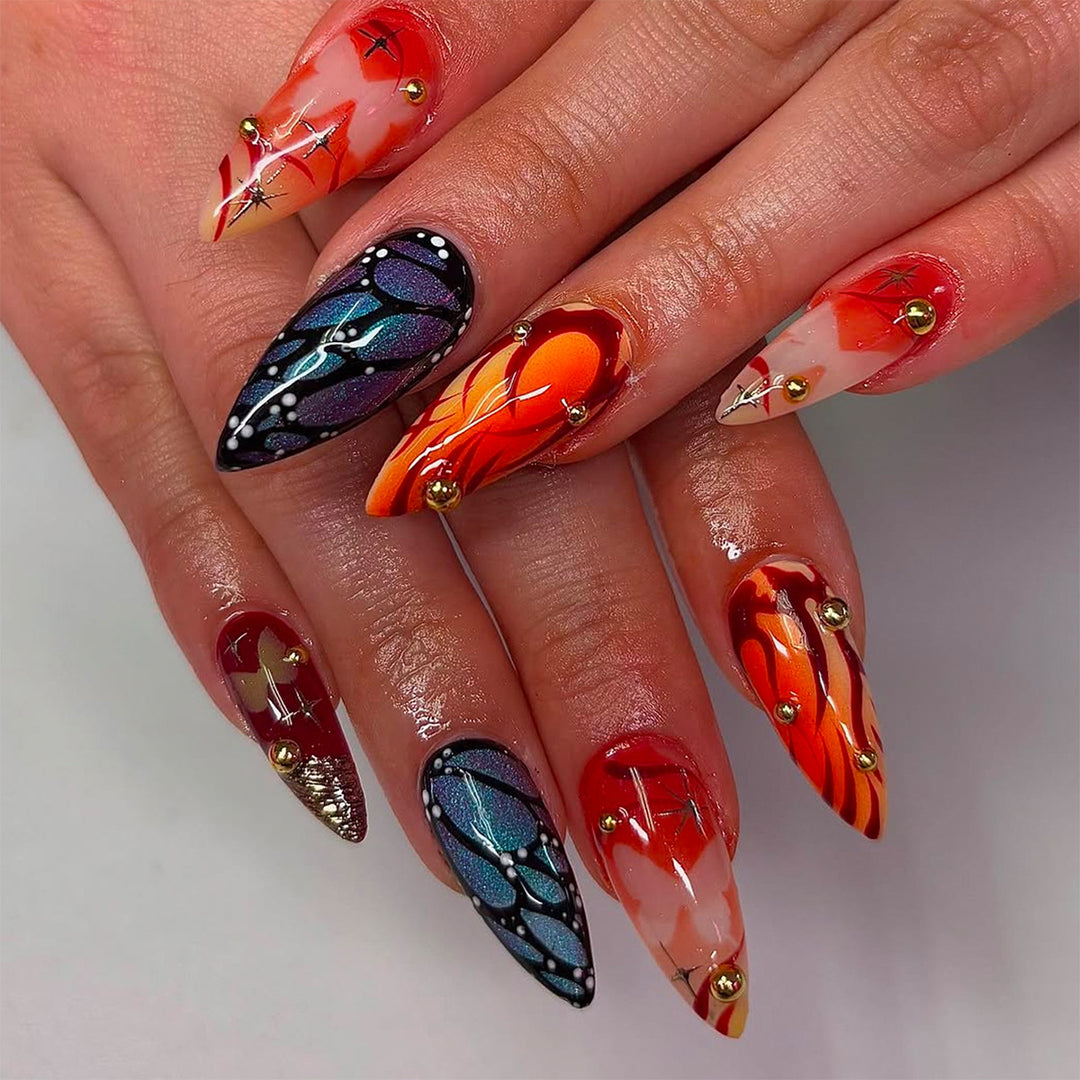 Artificial nails with creative butterfly design and glamorous accents Bowlift