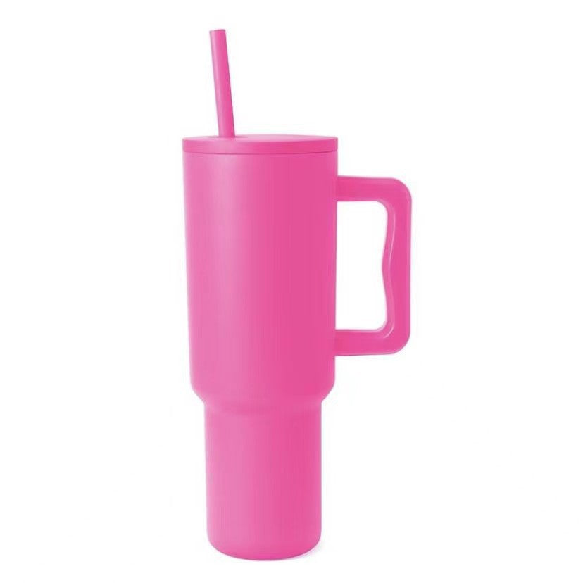 Women thermos cup with ergonomic handle and integrated straw Bowlift