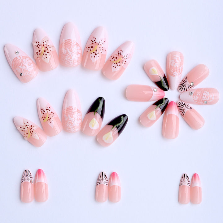 Artificial nails with creative floral designs and glitter accents Bowlift