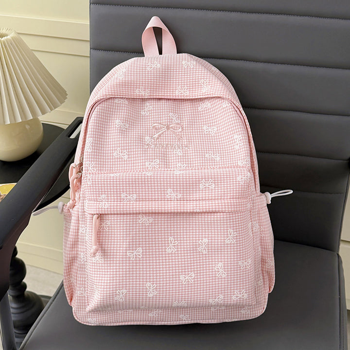 Charming Bow-Embellished Gingham Patterned Backpack Bowlift