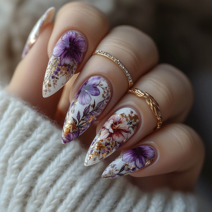 Floral-Design Elegant Stiletto Press-On Nails Bowlift