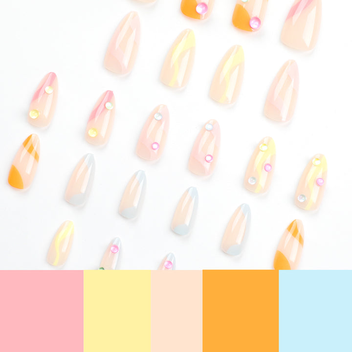 Artistic Nail Extensions with Colorful Design and Glitter Accents Bowlift