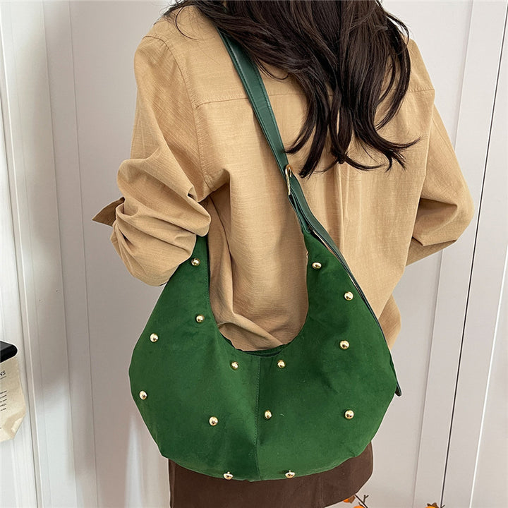WoTextured Suede Hobo Bag with Decorative Studs Bowlift