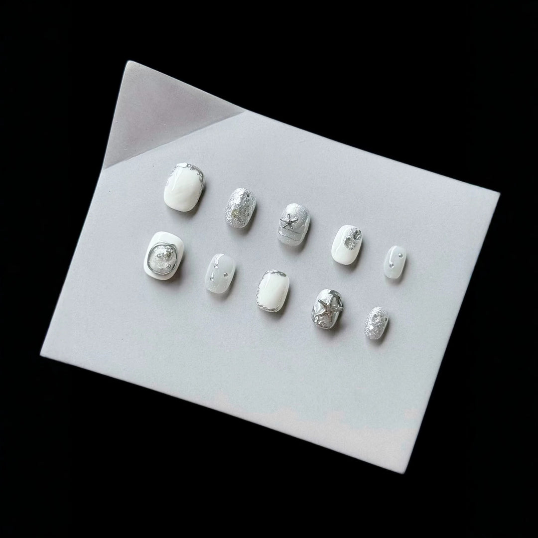 Elegant Press-On Nail Set with Silver Embellishments