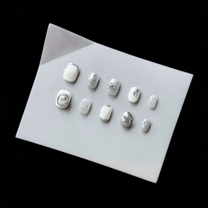 Elegant Press-On Nail Set with Silver Embellishments